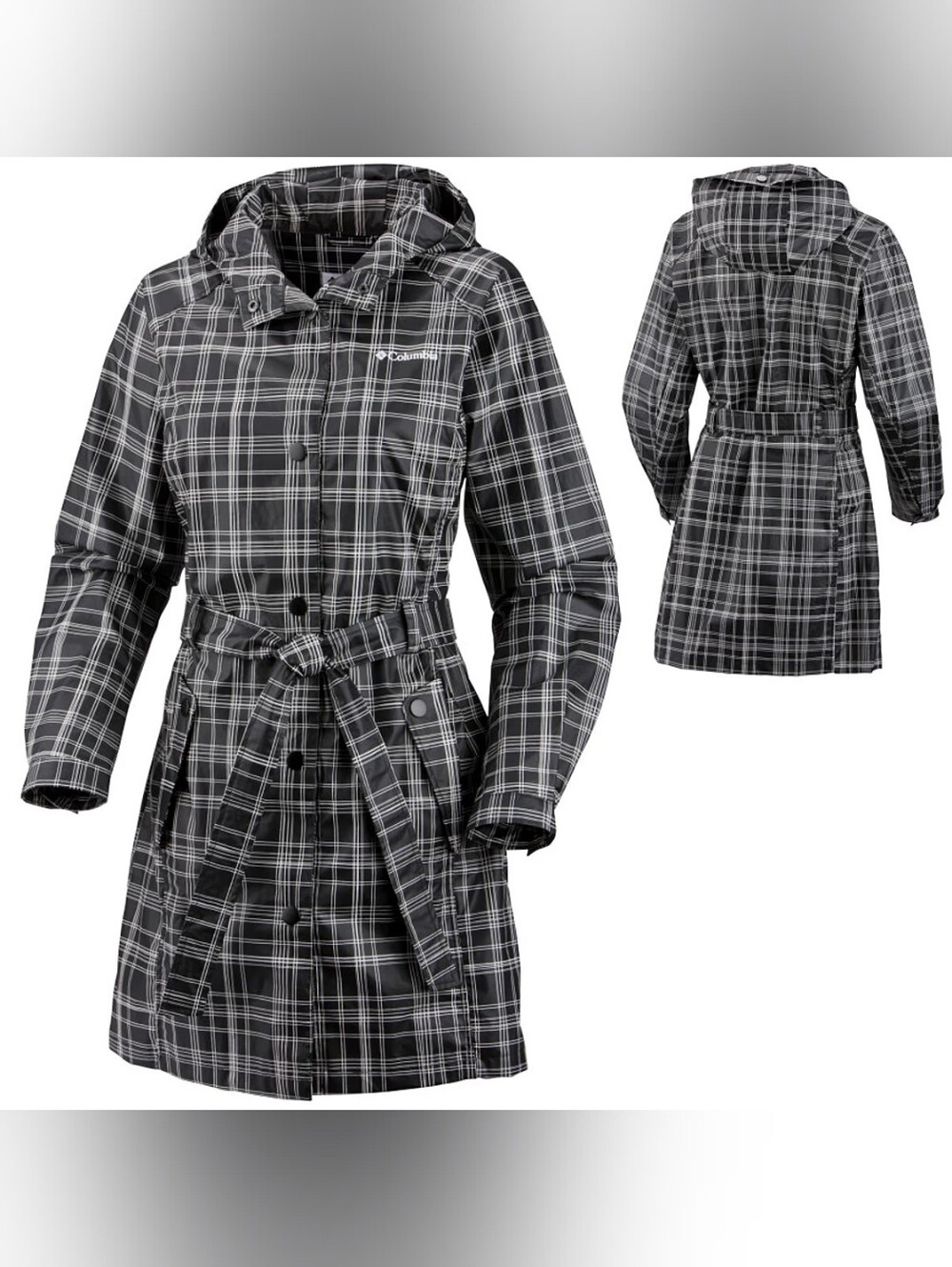 Columbia Rubber Ducky Deux Black & White Belted Plaid Rain Jacket Size Medium